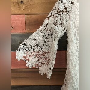 Auxo Women's Off Shoulder Floral Lace Short Dress in white.